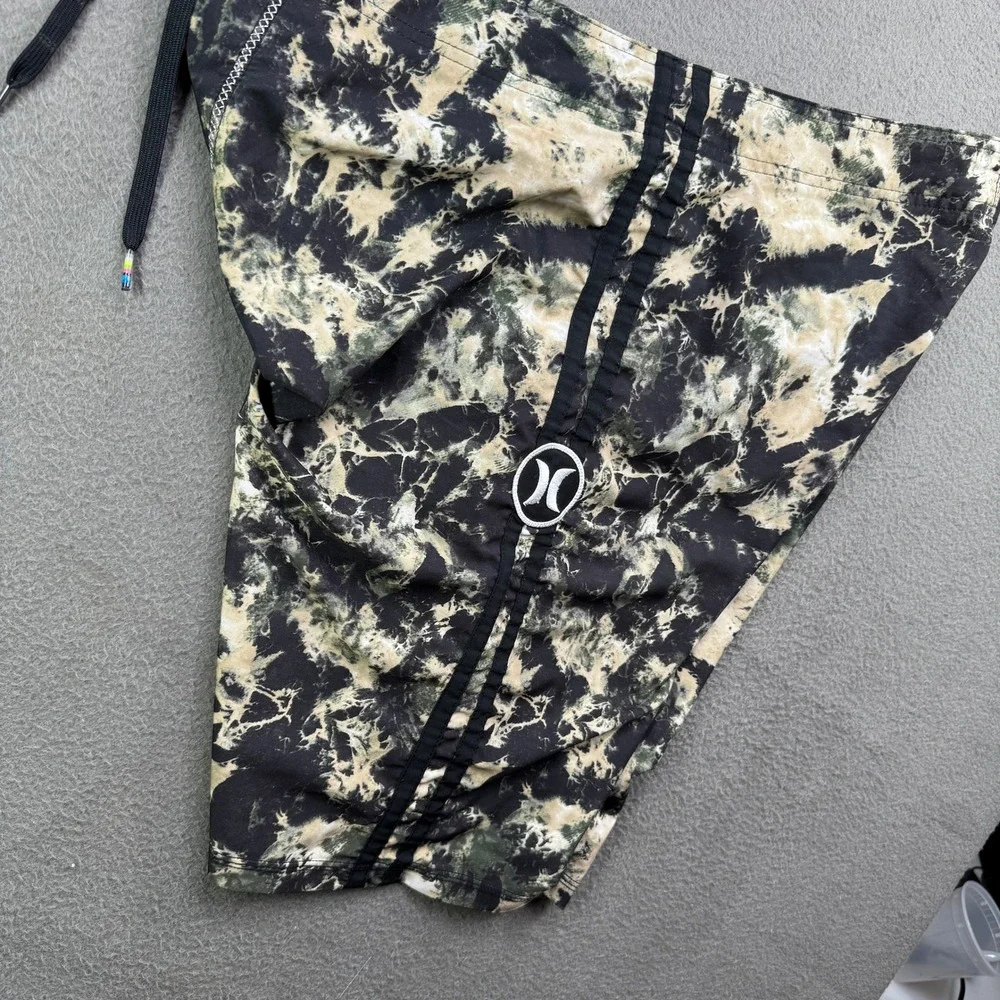 Hurley Board Shorts L Men 36 Black Tan Tie Dye Acid Wash Swim Trunks Surf Pocket